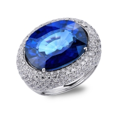 Anillo oro blanco 18k con zafiro ovalado y pavé de diamantes