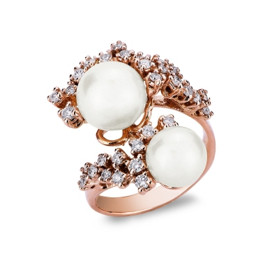 Anillo tu y yo en oro rosa 18k con perlas y diamantes