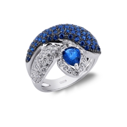 Anillo serpiente en oro blanco 18K engastado con diamantes y zafiro azu