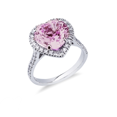 Anillo con zafiro rosa corazon y diamantes en oro blanco 18k 