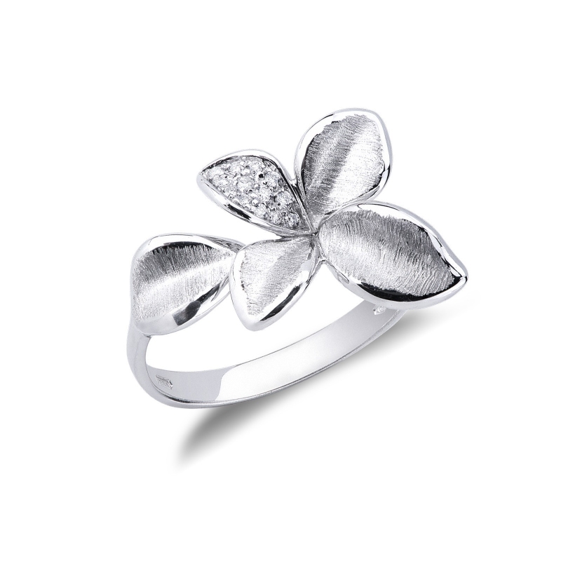 Anillo abierto Flor en oro blanco 18k con pétalo engastado en diamantes