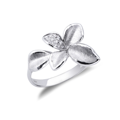 Anillo abierto Flor en oro blanco 18k con pétalo engastado en diamantes