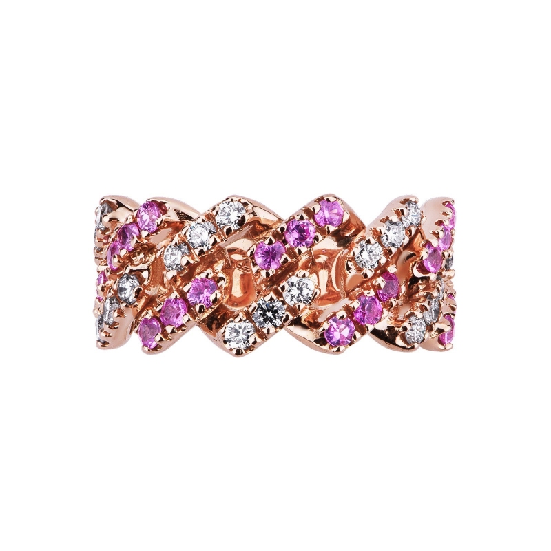 Anillo Cuban Link en oro rosa 18k con zafiros rosa y diamantes Anillo Cuban Link en oro rosa 18k con zafiros rosa y diamantes