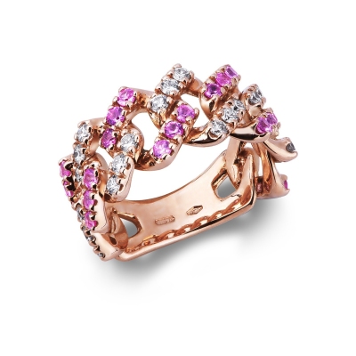 Anillo Cuban Link en oro rosa 18k con zafiros rosa y diamantes