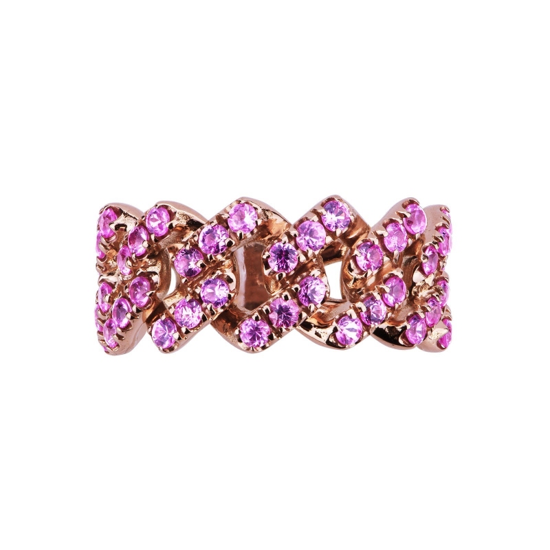 Anillo gourmette en oro rosa 18 quilates con zafiros rosas  Anillo gourmette en oro rosa 18 quilates con zafiros rosas