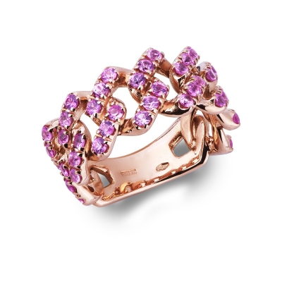 Anillo gourmette en oro rosa 18 quilates con zafiros rosas 
