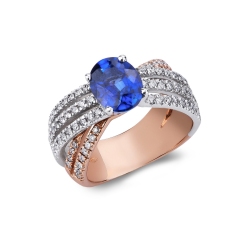 Anillo de banda en oro blanco y rosa con zafiro azul y diamantes