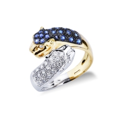 Anillo panteras oro blanco y amarillo 18k diamantes y zafiros
