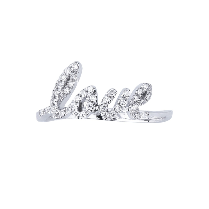 Anillo en oro blanco de 18k con la inscripción Love en diamantes Anillo en oro blanco de 18k con la inscripción Love en diamantes