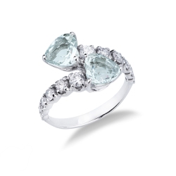 Anillo contrarié en oro blanco 18k con aquamarinas y diamantes