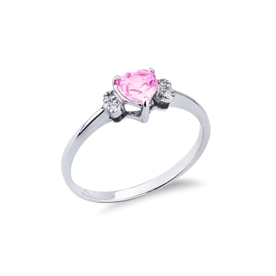 Anillo de oro blanco de 18k con zafiro rosa en forma de corazón y diamantes