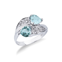 Anillo contrarié en oro blanco con diamantes y aguamarinas corazón