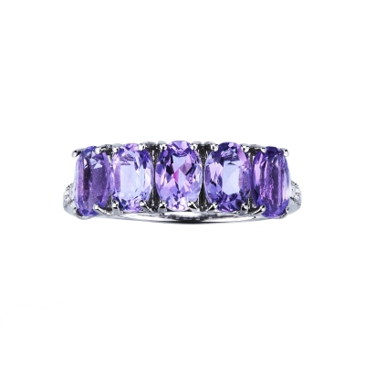 Anillo oro blanco 18k con 5 amatistas ovaladas y diamantes