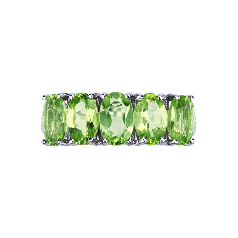 Anillo de oro blanco de 18k con diamante y 5 peridotos Anillo de oro blanco de 18k con diamante y 5 peridotos