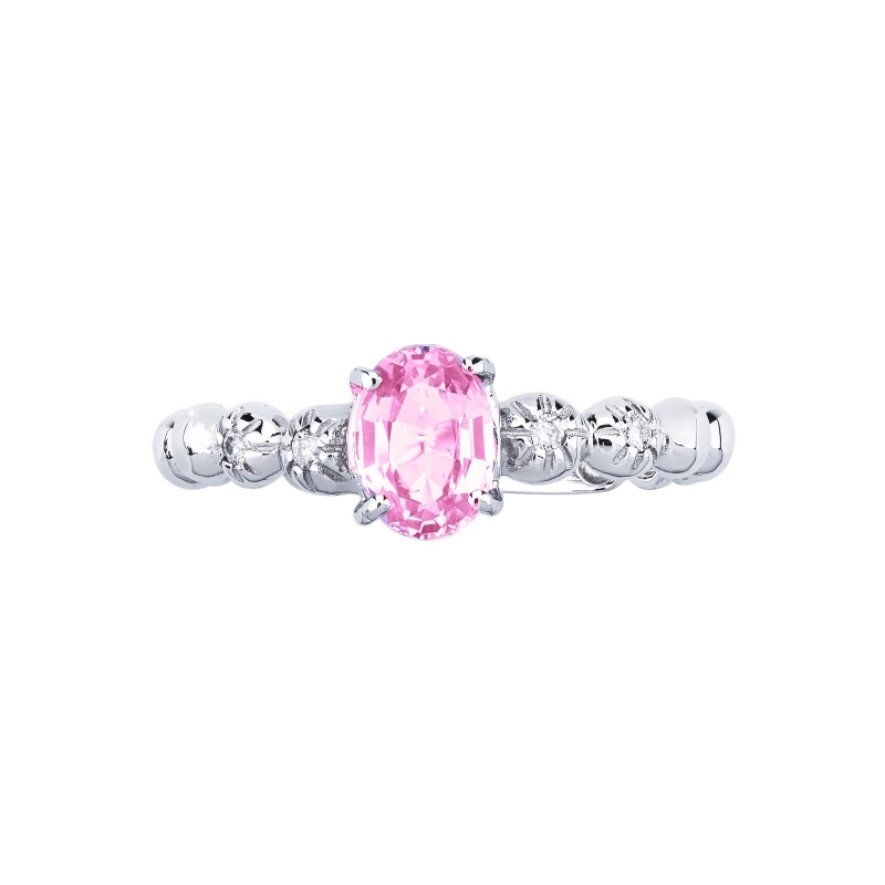 Anillo en oro blanco 18 quilates con un zafiro rosa y 2 diamantes  Anillo en oro blanco 18 quilates con un zafiro rosa y 2 diamantes