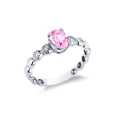 Anillo en oro blanco 18 quilates con un zafiro rosa y 2 diamantes 