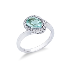 Anillo halo en oro blanco 18 quilates con una aguamarina y diamantes
