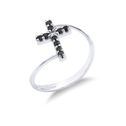 Anillo en oro blanco de 18k con cruz de diamantes negros