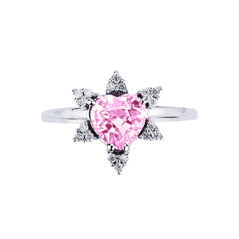 Anillo Oro Blanco 18k con zafiro rosa corazón y pétalos de diamantes