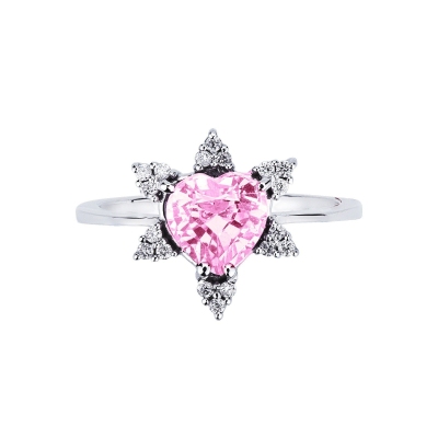 Anillo Oro Blanco 18k con zafiro rosa corazón y pétalos de diamantes