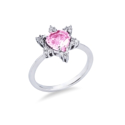 Anillo Oro Blanco 18k con zafiro rosa corazón y pétalos de diamantes