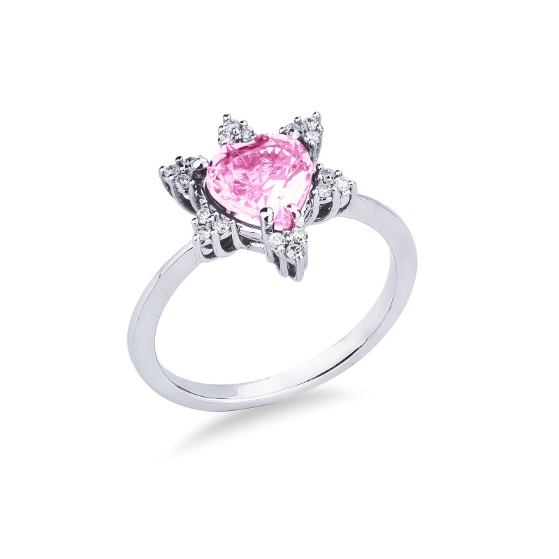 Anillo Oro Blanco 18k con zafiro rosa corazón y pétalos de diamantes