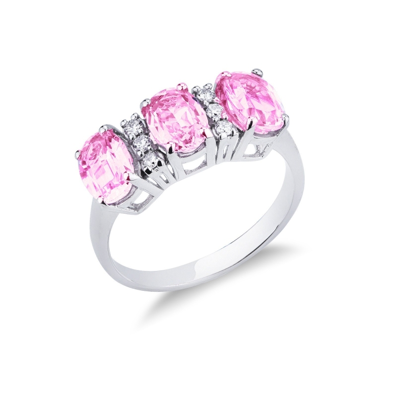 Anillo Oro Blanco 18k con tres zafiros rosa y seis diamantes
