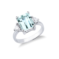 Anillo aguamarina rectangular y diamantes en oro blanco 18k