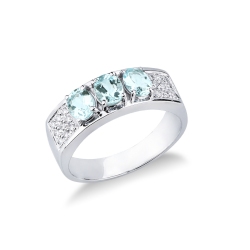 Anillo oro blanco 18K con tres aguamarinas y diamantes
