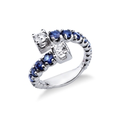 Anillo tu y yo en oro blanco 18k con zafiros azules y diamantes