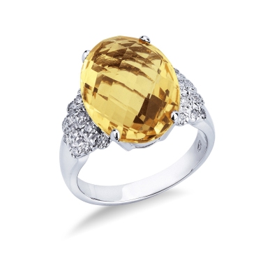 Anillo en Oro Blanco 18k con Citrino central y diamantes