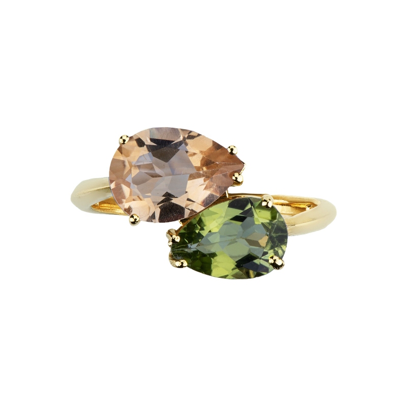 Anillo con peridoto y citrino en oro amarillo 18k con diseño de gotas