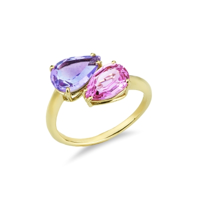 Anillo en oro amarillo 18k con zafiro rosa y amatista