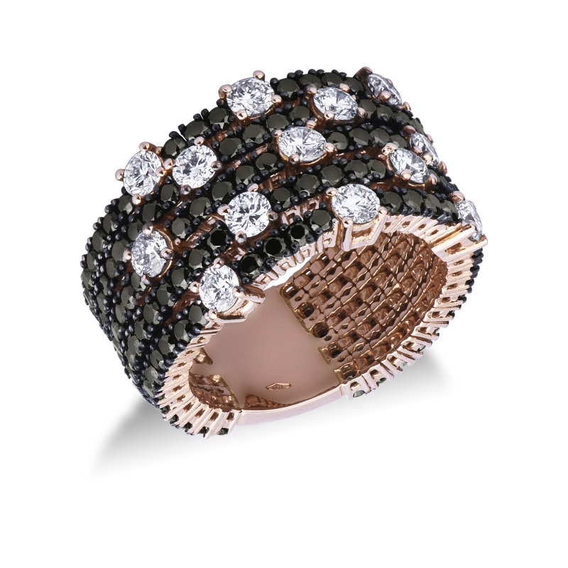 Anillo cinco filas en Oro Rosa 18k con diamantes negros y brillantes