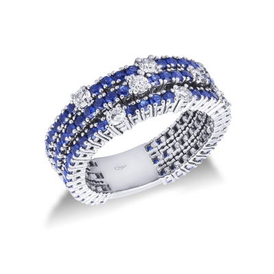 Anillo riviera con zafiros azules y diamantes en Oro Blanco 750