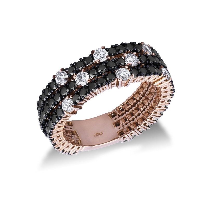 Anillo eternity triple línea con diamantes negros y blancos oro rosa 18k 