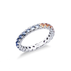 Anillo riviera en oro blanco 18k con zafiros multicolores