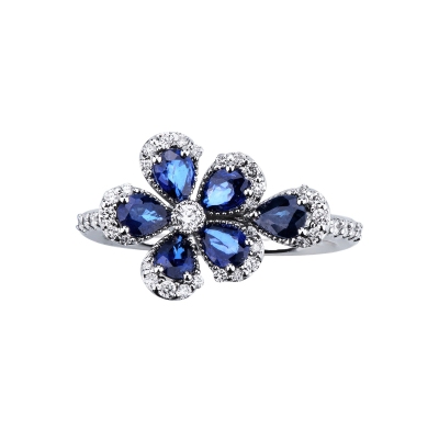 Anillo flor zafiro azul y diamante oro blanco 