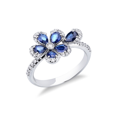 Anillo flor zafiro azul y diamante oro blanco 