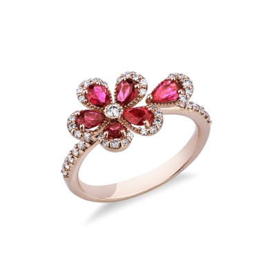 Anillo flor en oro rosa de 18k con rubíes 