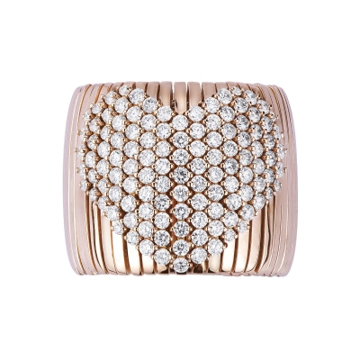 Anillo banda flexible en oro rosa 18k corazón en pavé diamantes