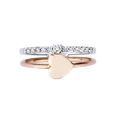 Anillo doble fila en oro blanco y rosa con corazón y diamantes