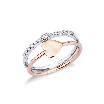 Anillo doble fila en oro blanco y rosa con corazón y diamantes