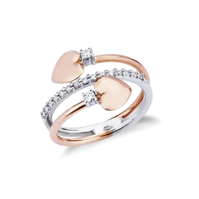 Anillo en Oro Blanco y Rosa 18k con 2 Corazones y Diamantes