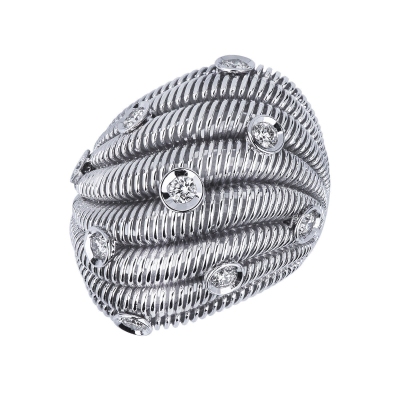 Anillo ancho fantasía en oro blanco 18k con diamantes