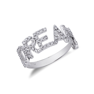 Anillo con letras DREAM en oro blanco y diamantes