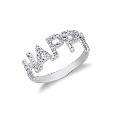 Anillo con letras HAPPY en oro blanco y diamantes