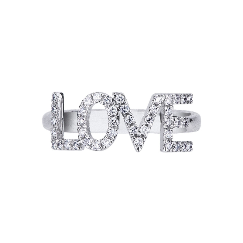 Anillo con letras LOVE en oro blanco y diamantes