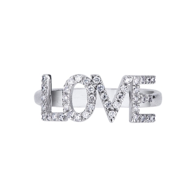 Anillo con letras LOVE en oro blanco y diamantes