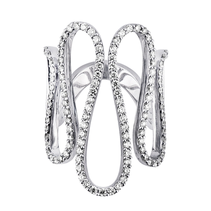 Anillo en oro blanco 18k con diseño ondulado y diamantes